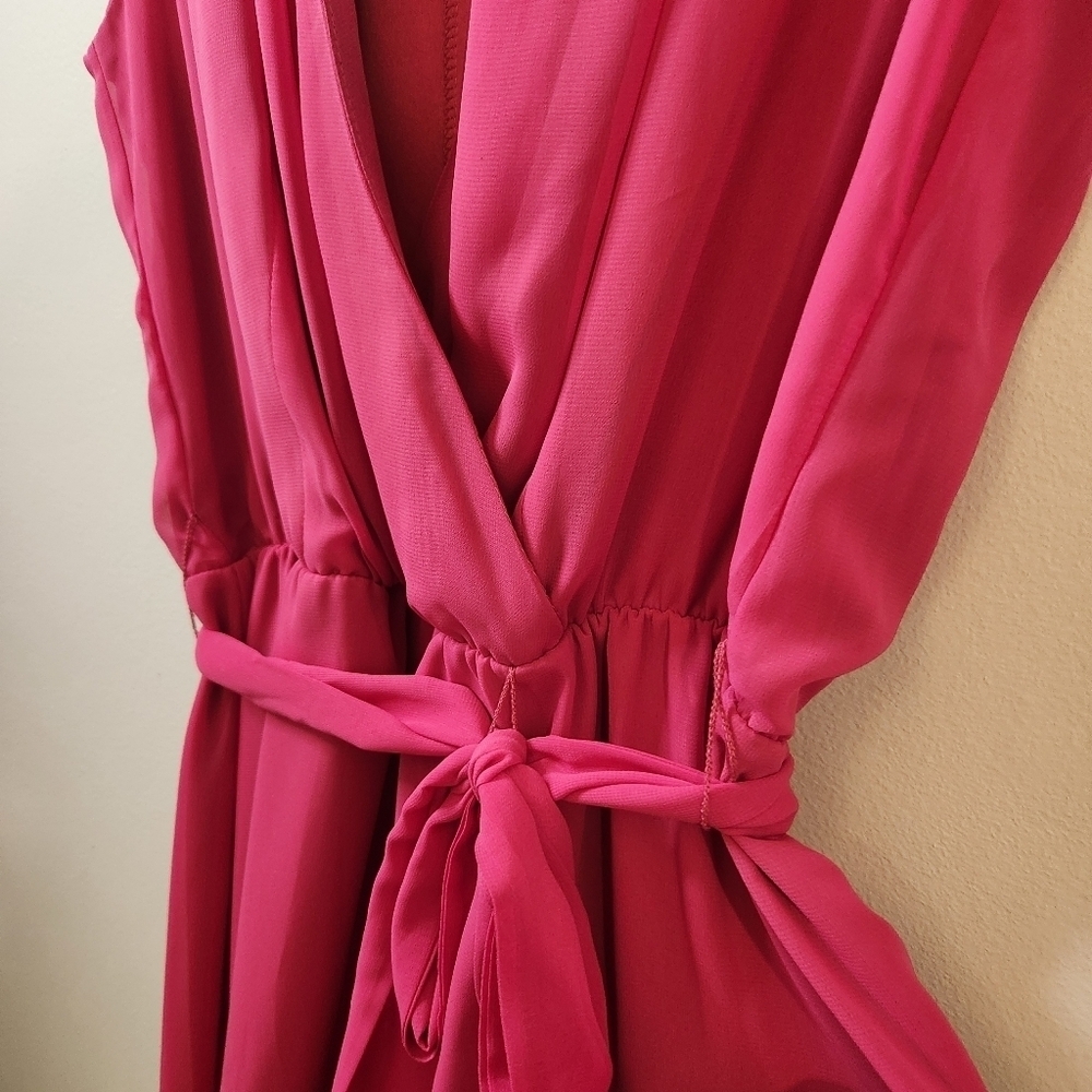 MSK Fuchsia V-Neck Tie Waist Ruffle Layer Dress - New Without Tags Size 10 - Picture 9 of 9